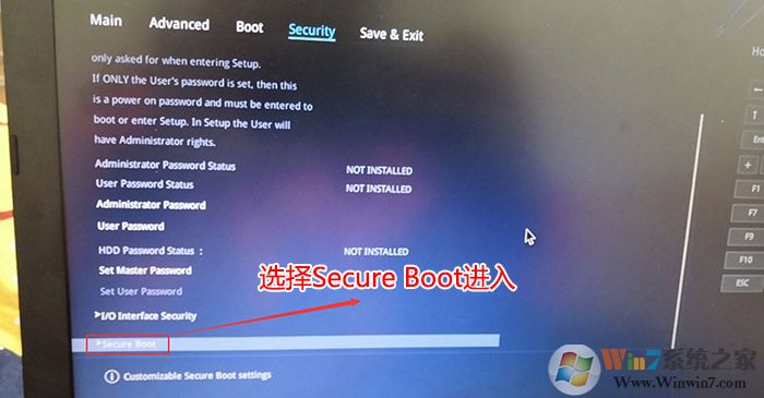 在Security選項下選擇Secure Boot回車 在Security選項下選擇Secure Boot回車