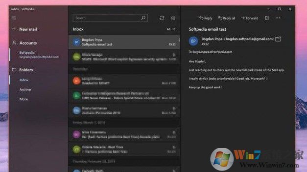 Windows 10 Mail的Dark(黑色)主題更新內容