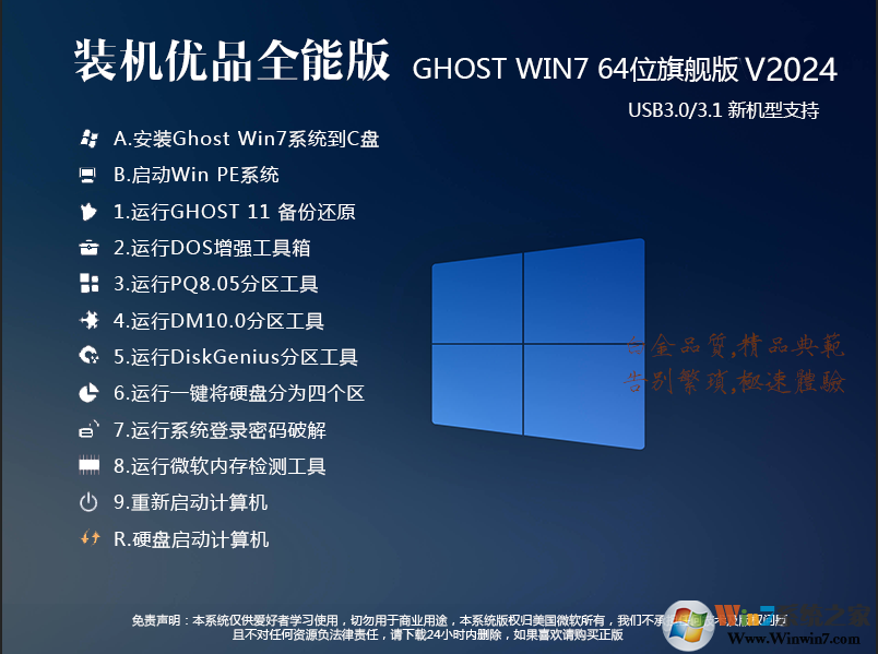 裝機優品Win7純凈版64位珍藏旗艦版(全能裝機王)Y2024